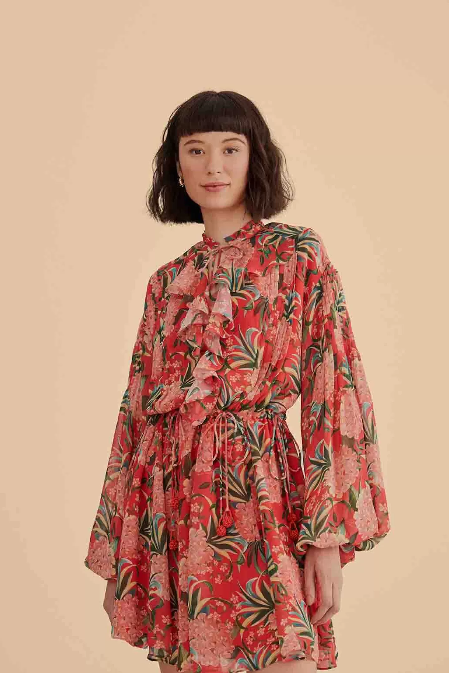 FARM Rio  RED PINEAPPLE BLOOM V NECK MINI DRESS