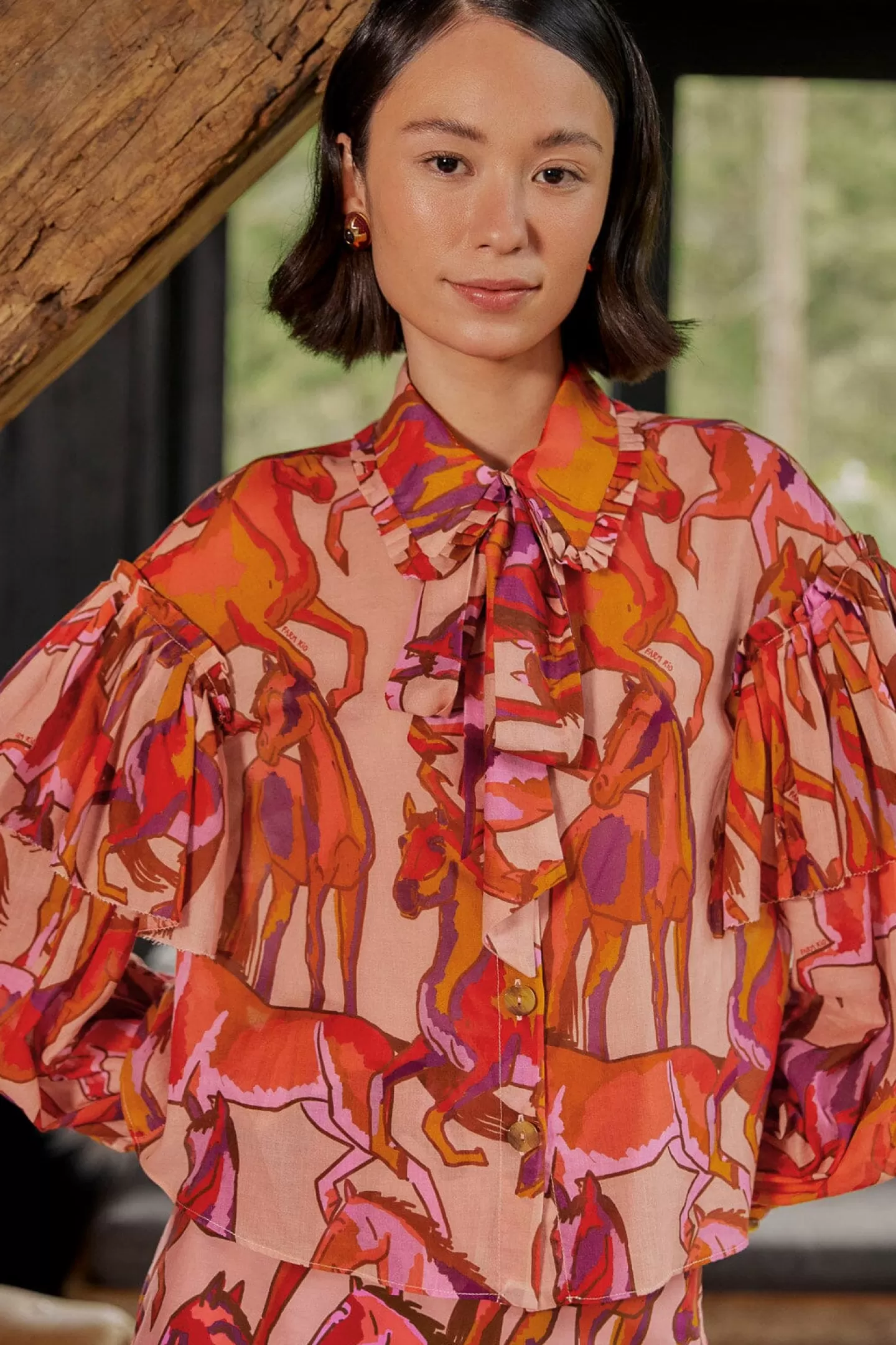FARM Rio  ROSE WILD HORSES BOW NECK TIE BLOUSE