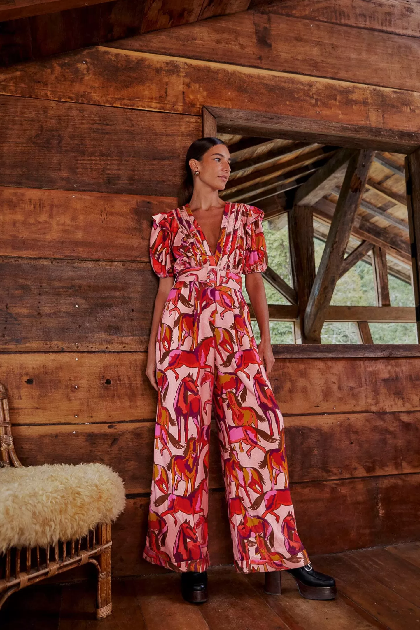 FARM Rio  ROSE WILD HORSES PLEATED SHORT SLEEVE JUMPSUIT