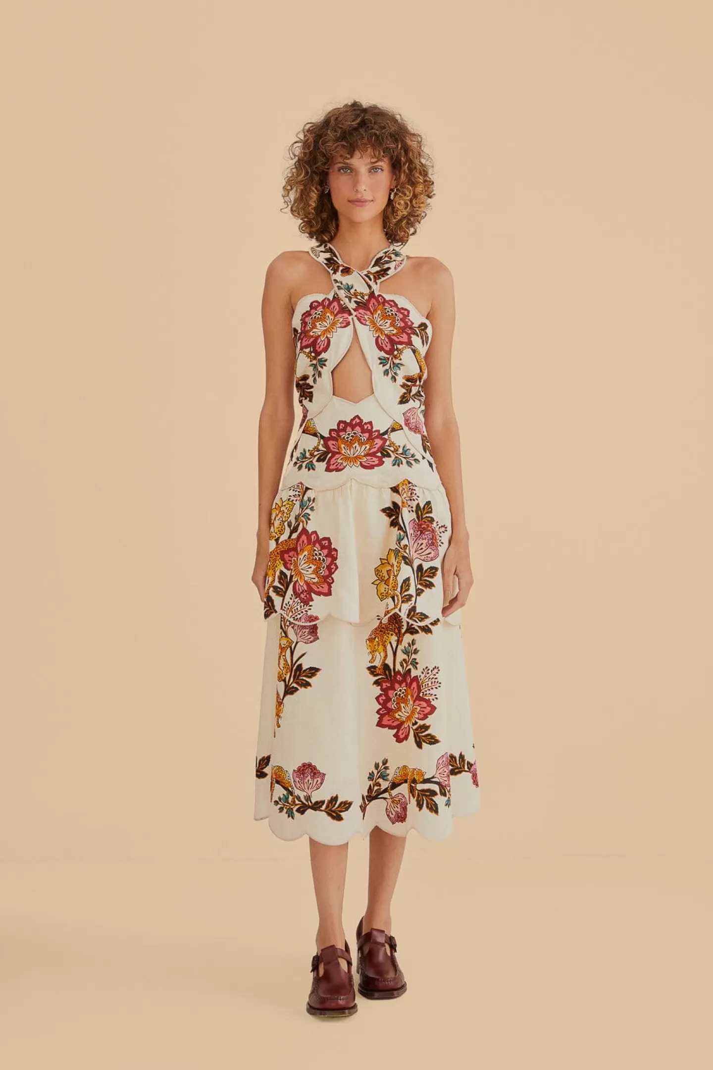 FARM Rio  SAND LEOPARD FLOWERS CUT OUT MIDI DRESS