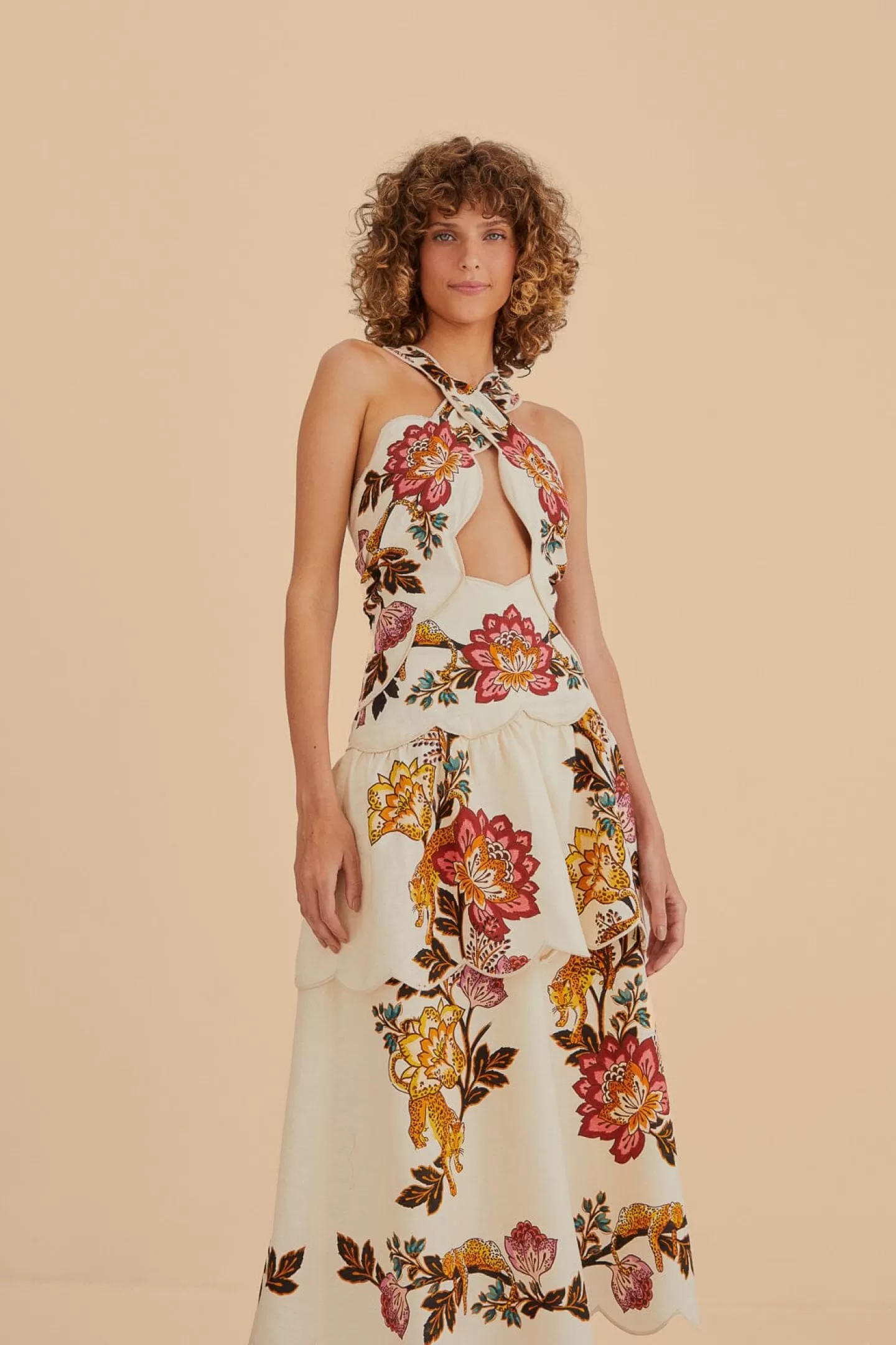 FARM Rio  SAND LEOPARD FLOWERS CUT OUT MIDI DRESS