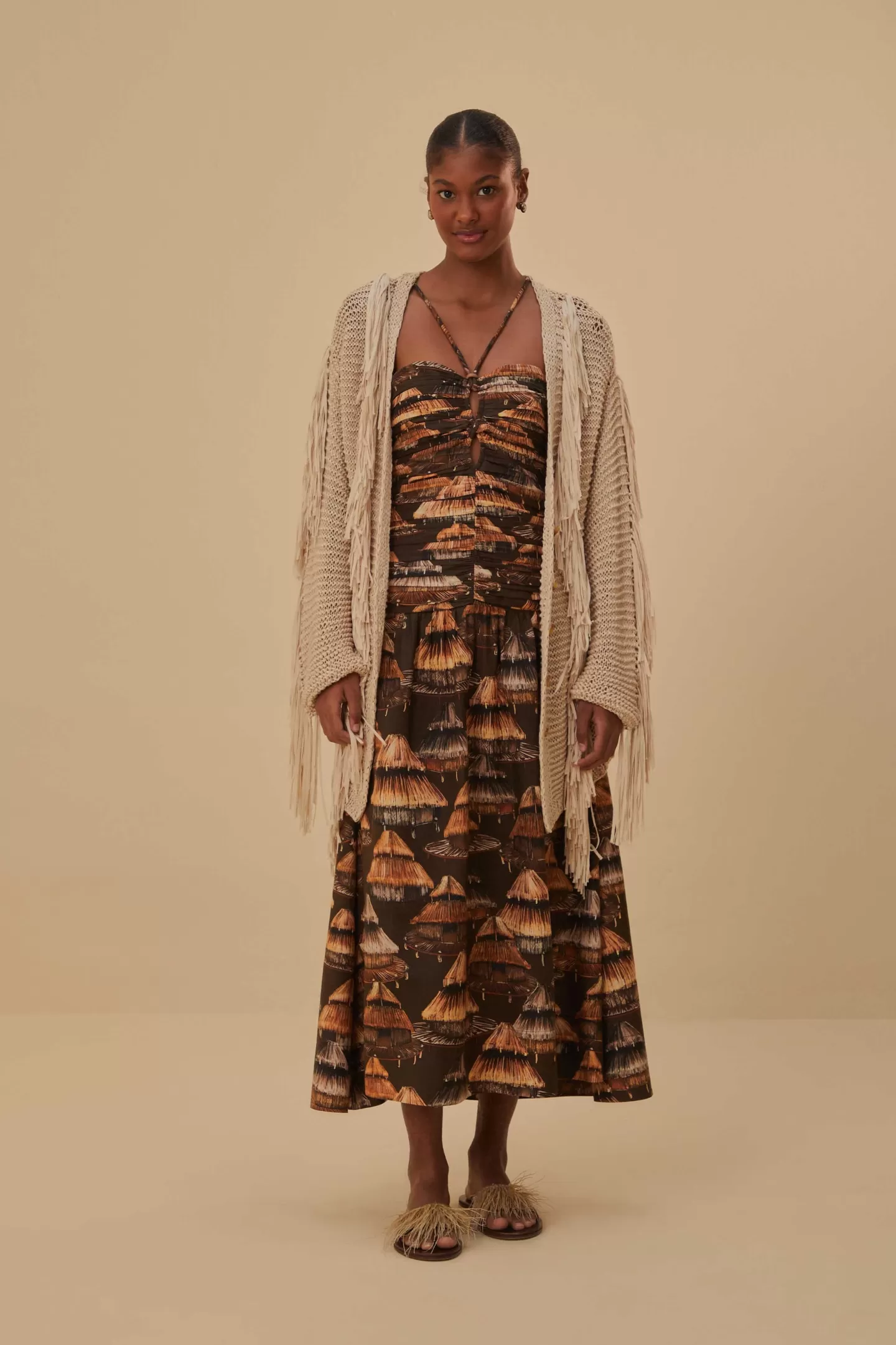 FARM Rio  SAND STRIPES FRINGES KNIT CARDIGAN