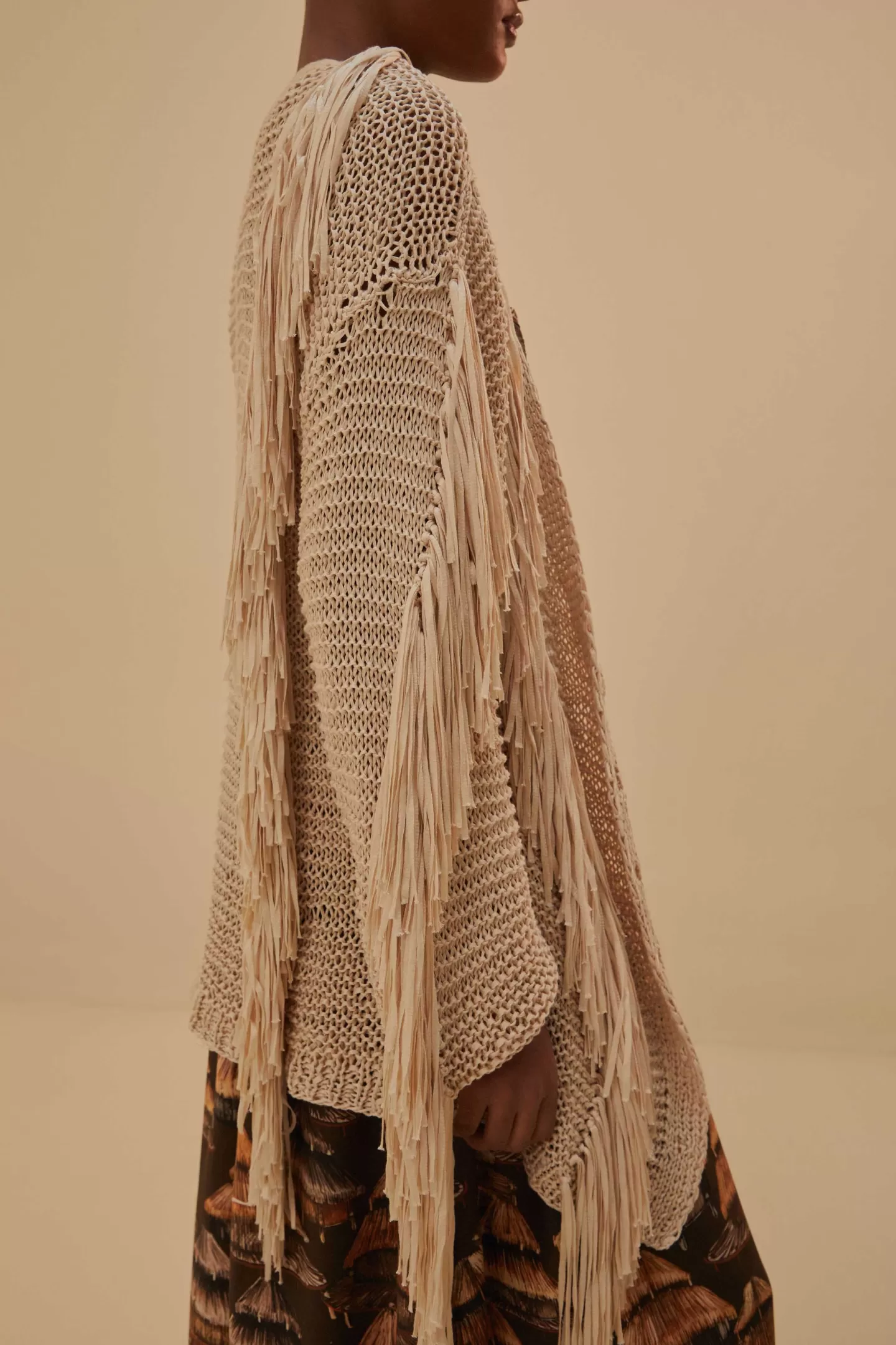 FARM Rio  SAND STRIPES FRINGES KNIT CARDIGAN