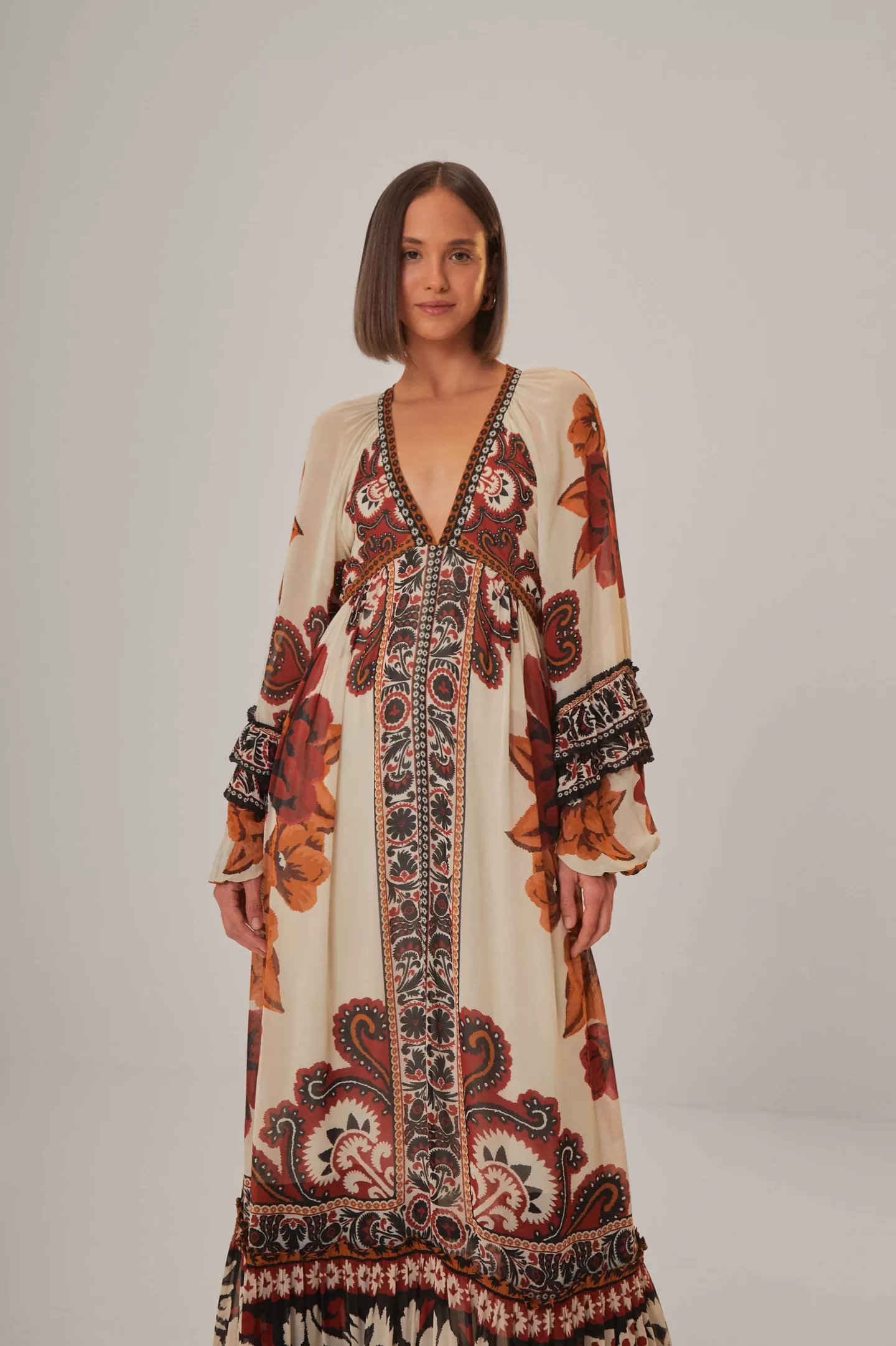 FARM Rio  SAND WINTER TAPESTRY V NECK MAXI DRESS