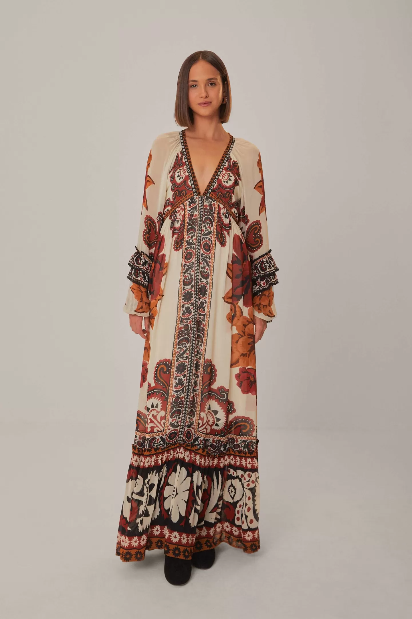 FARM Rio  SAND WINTER TAPESTRY V NECK MAXI DRESS