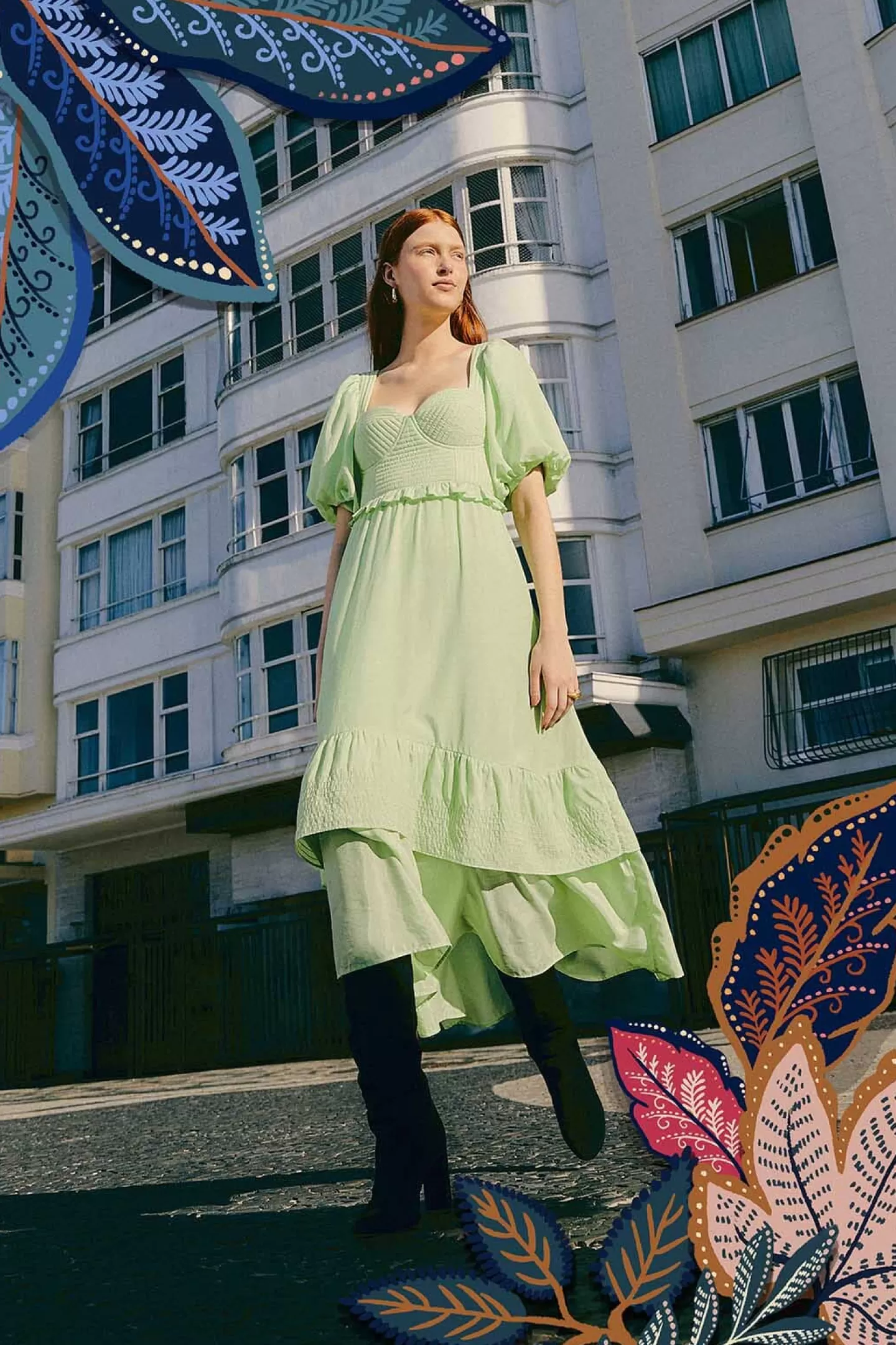 FARM Rio  SOFT GREEN SHORT SLEEVE MIDI DRESS