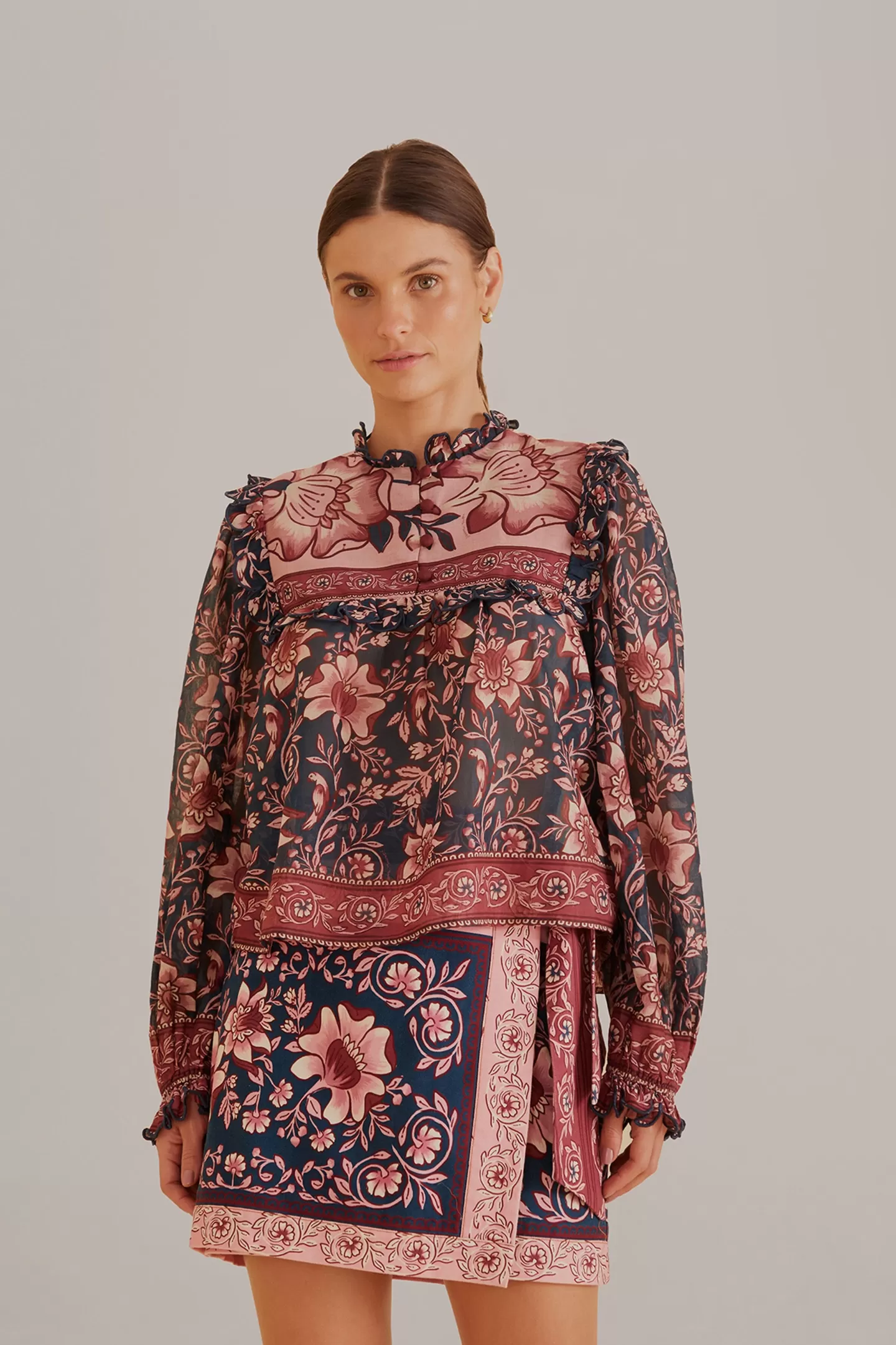 FARM Rio  TEAL AINIKA CHARM LONG SLEEVE BLOUSE