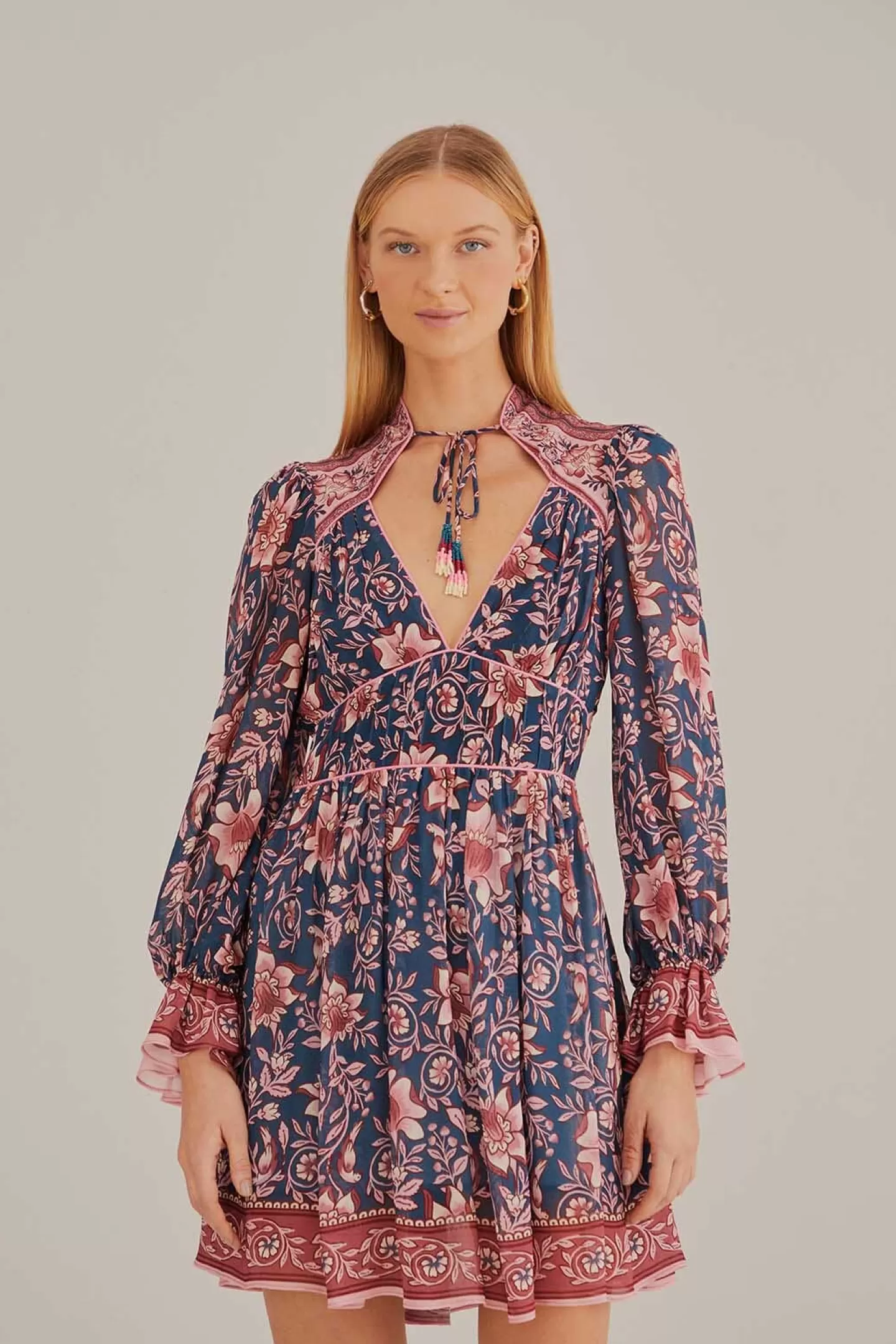FARM Rio  TEAL AINIKA CHARM LONG SLEEVE MINI DRESS