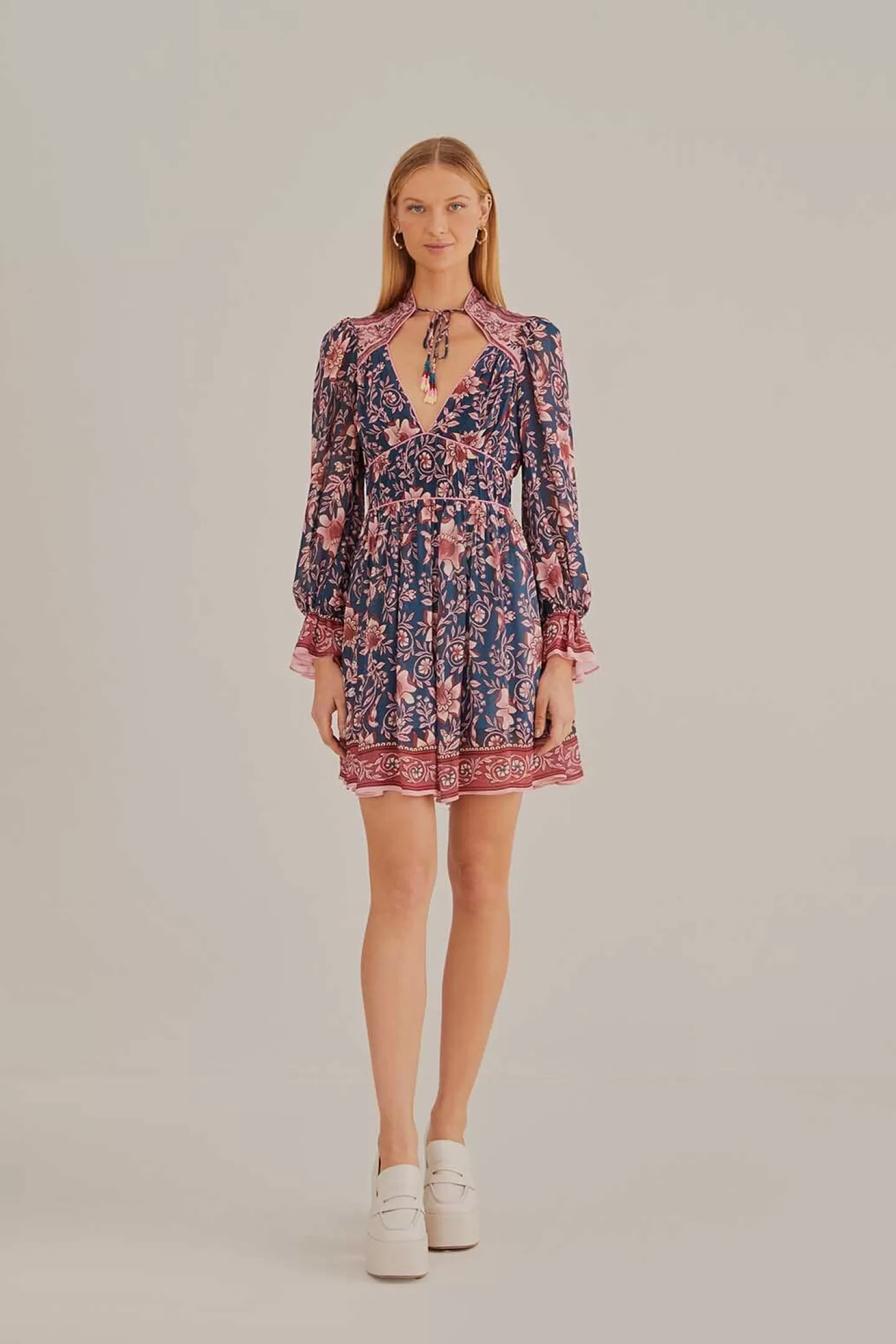 FARM Rio  TEAL AINIKA CHARM LONG SLEEVE MINI DRESS