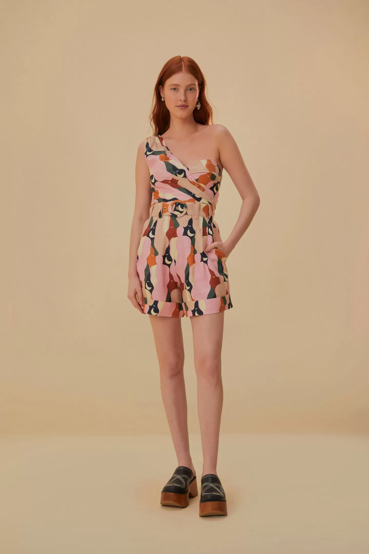 FARM Rio  THE KISS MULTICOLOR ONE SHOULDER ROMPER