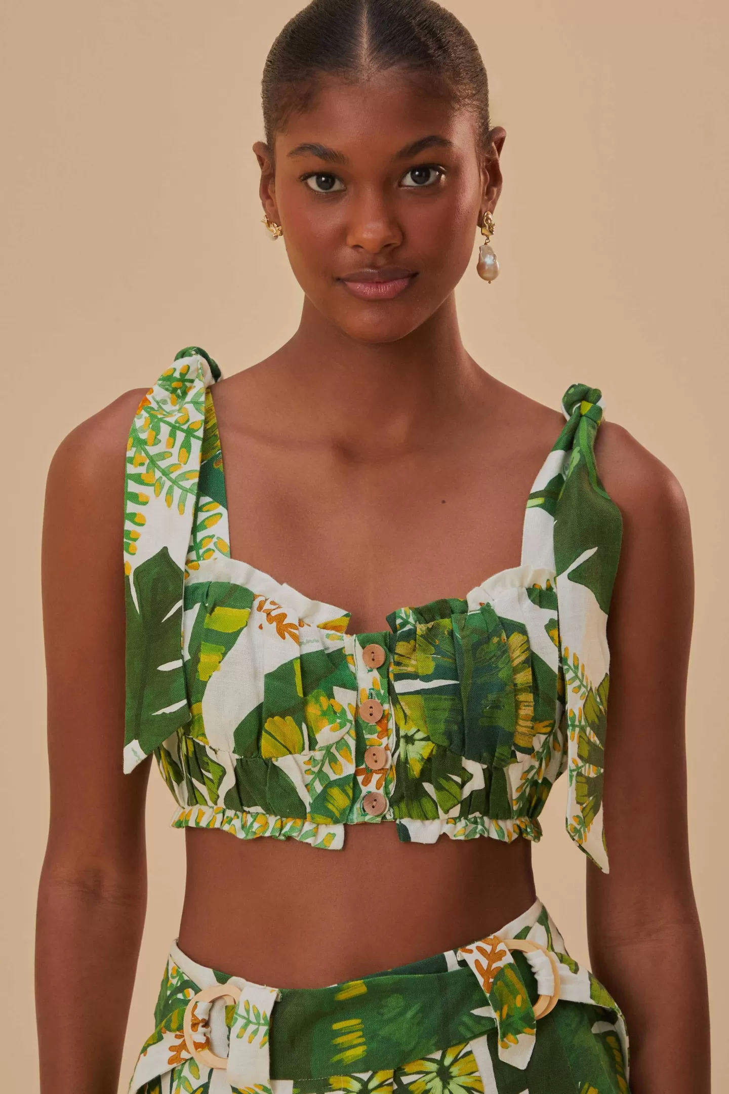 FARM Rio  TROPICAL FOREST OFF-WHITE KNOT SLEEVELESS CROP TOP