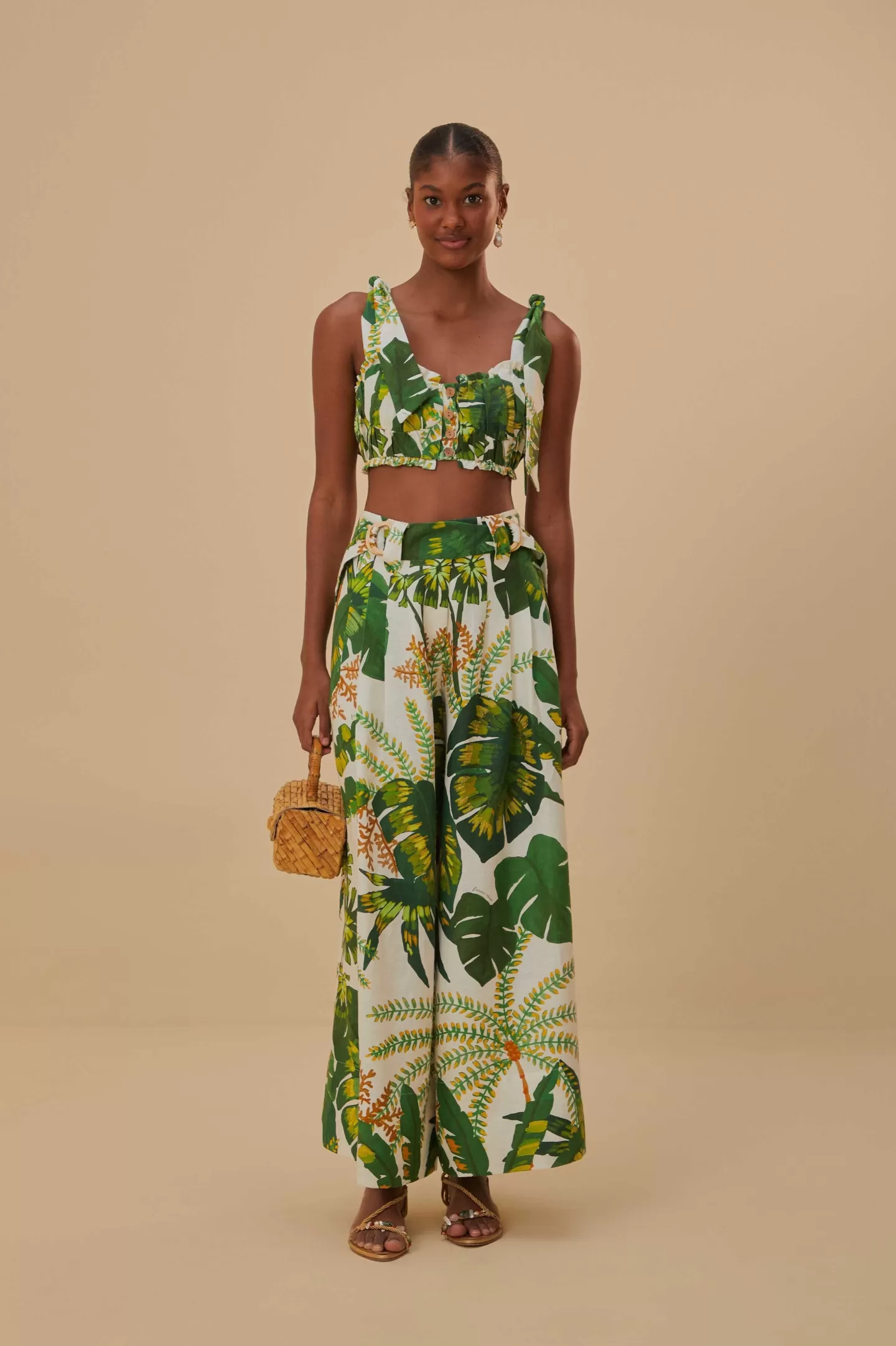 FARM Rio  TROPICAL FOREST OFF-WHITE KNOT SLEEVELESS CROP TOP