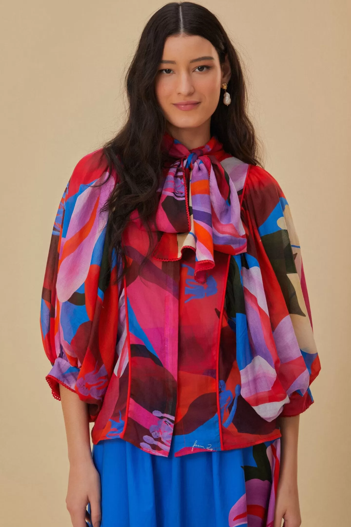 FARM Rio  WATERCOLOR FLORAL BLUE LONG SLEEVE BLOUSE