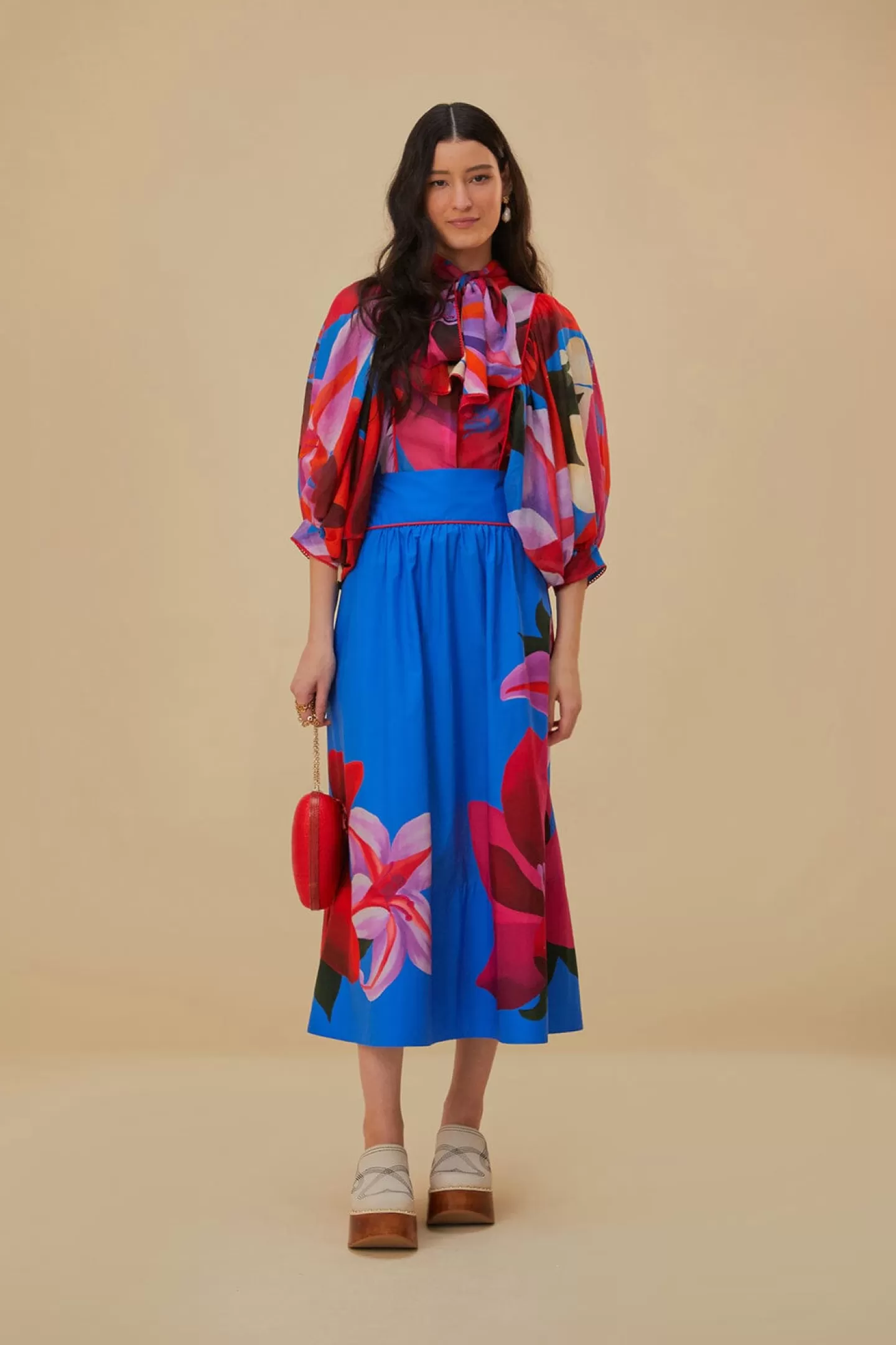 FARM Rio  WATERCOLOR FLORAL BLUE LONG SLEEVE BLOUSE