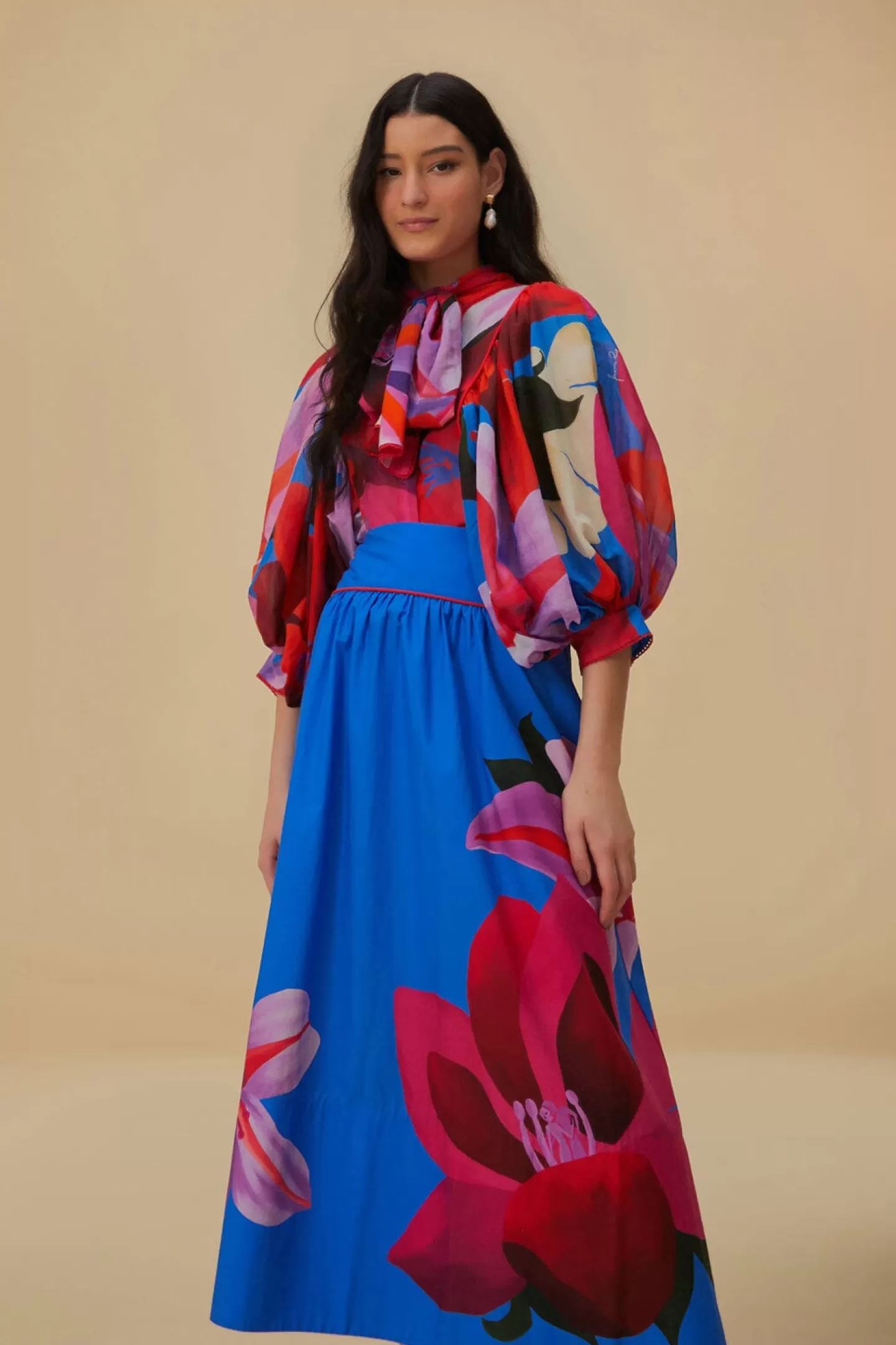FARM Rio  WATERCOLOR FLORAL BLUE MIDI SKIRT