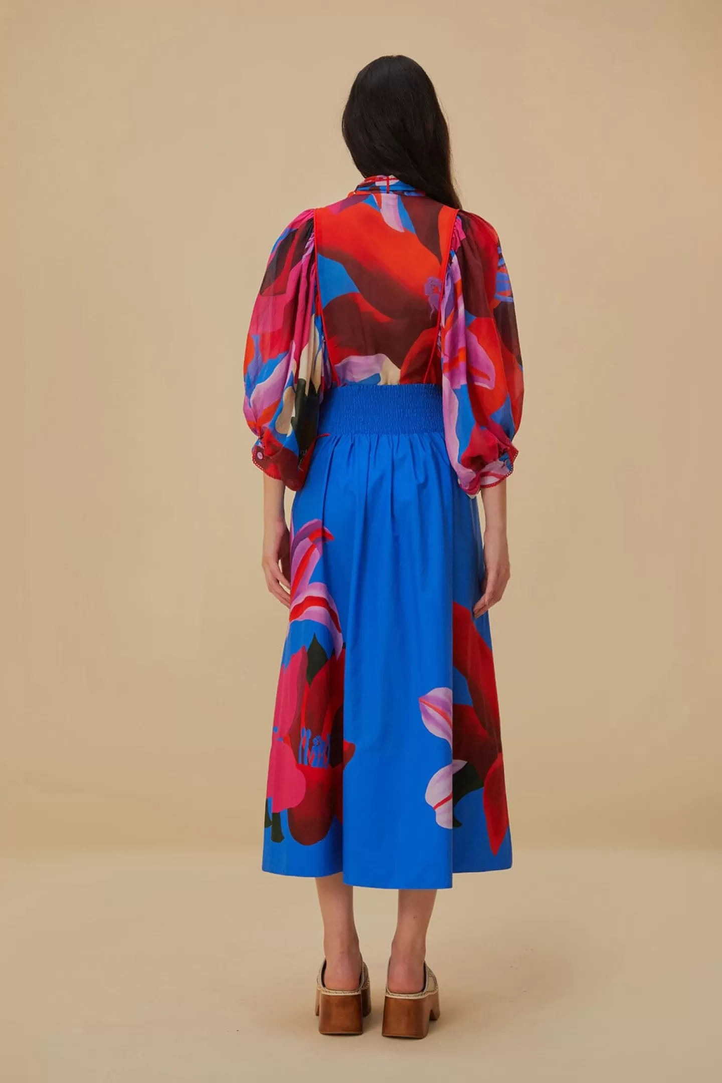 FARM Rio  WATERCOLOR FLORAL BLUE MIDI SKIRT
