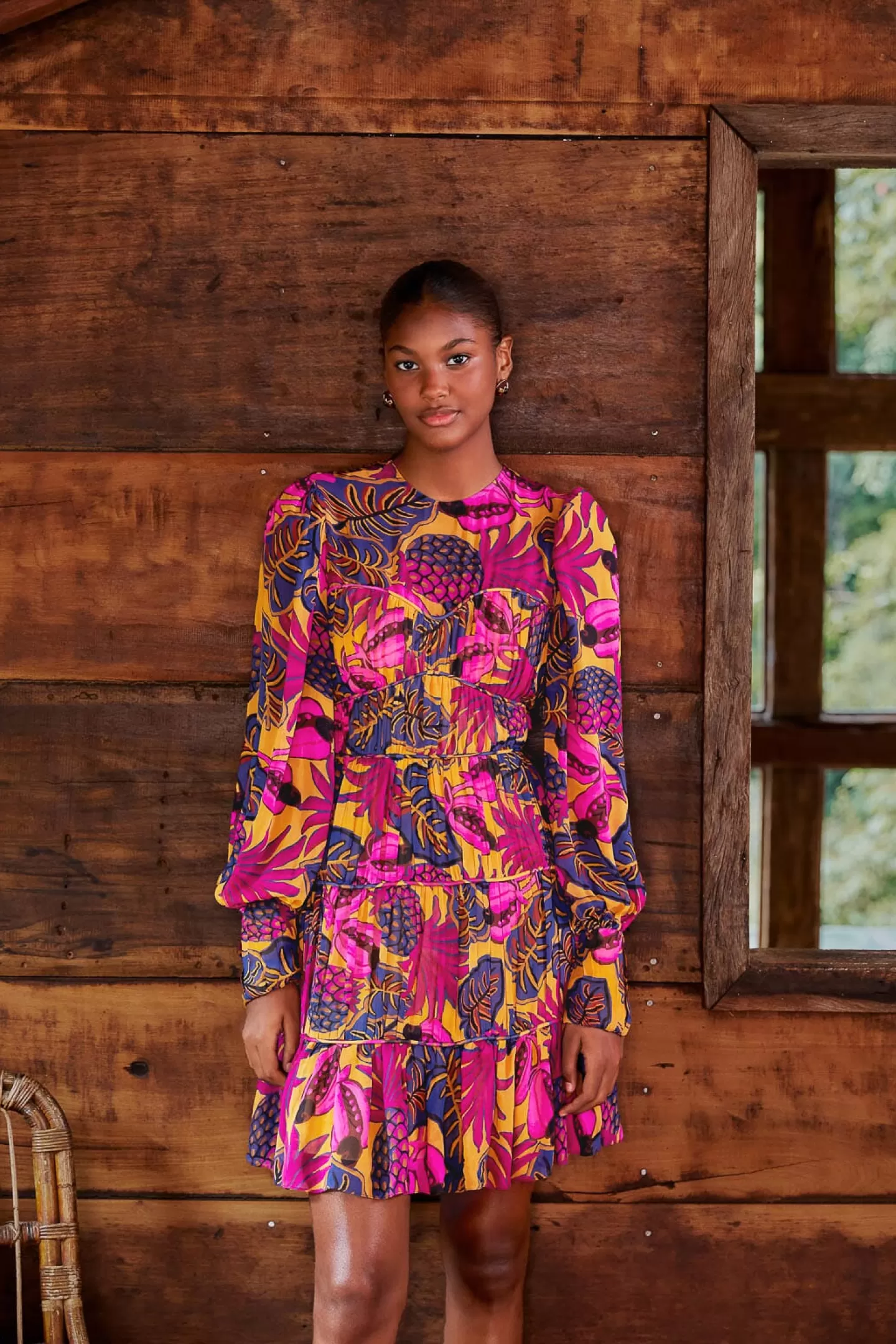 FARM Rio  YELLOW FRUIT DREAM LONG SLEEVE MINI DRESS