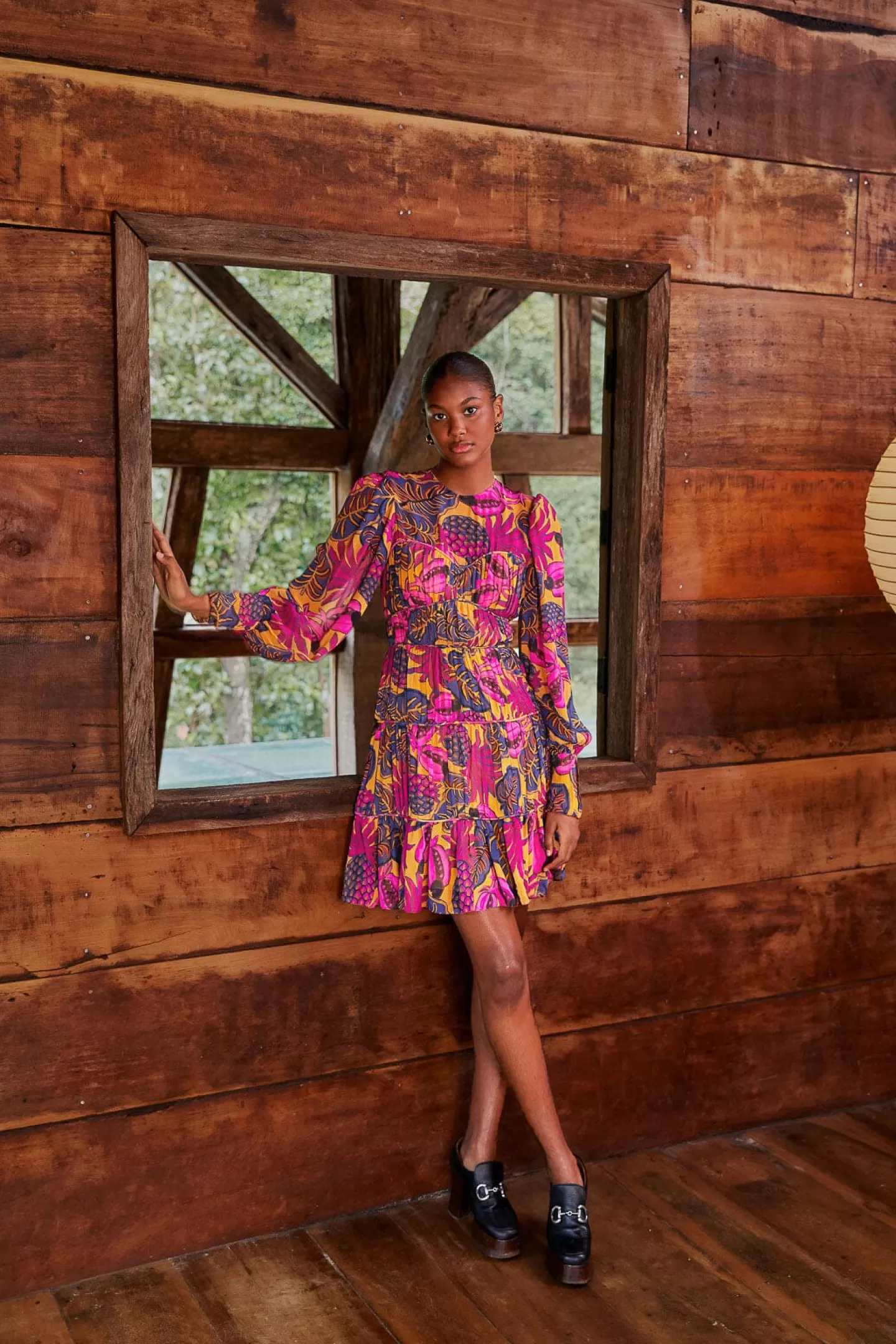 FARM Rio  YELLOW FRUIT DREAM LONG SLEEVE MINI DRESS