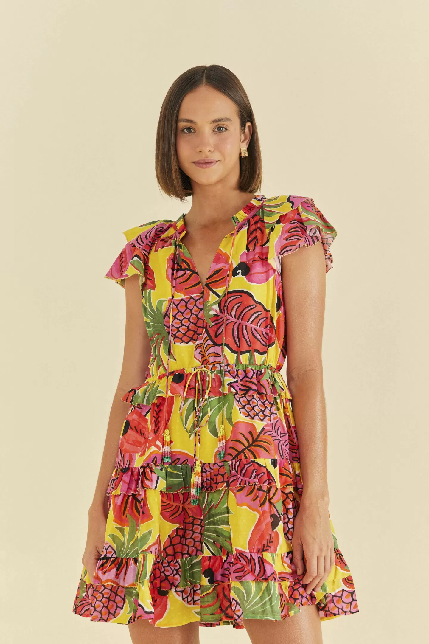 FARM Rio  YELLOW FRUIT DREAM RUFFLE MINI DRESS