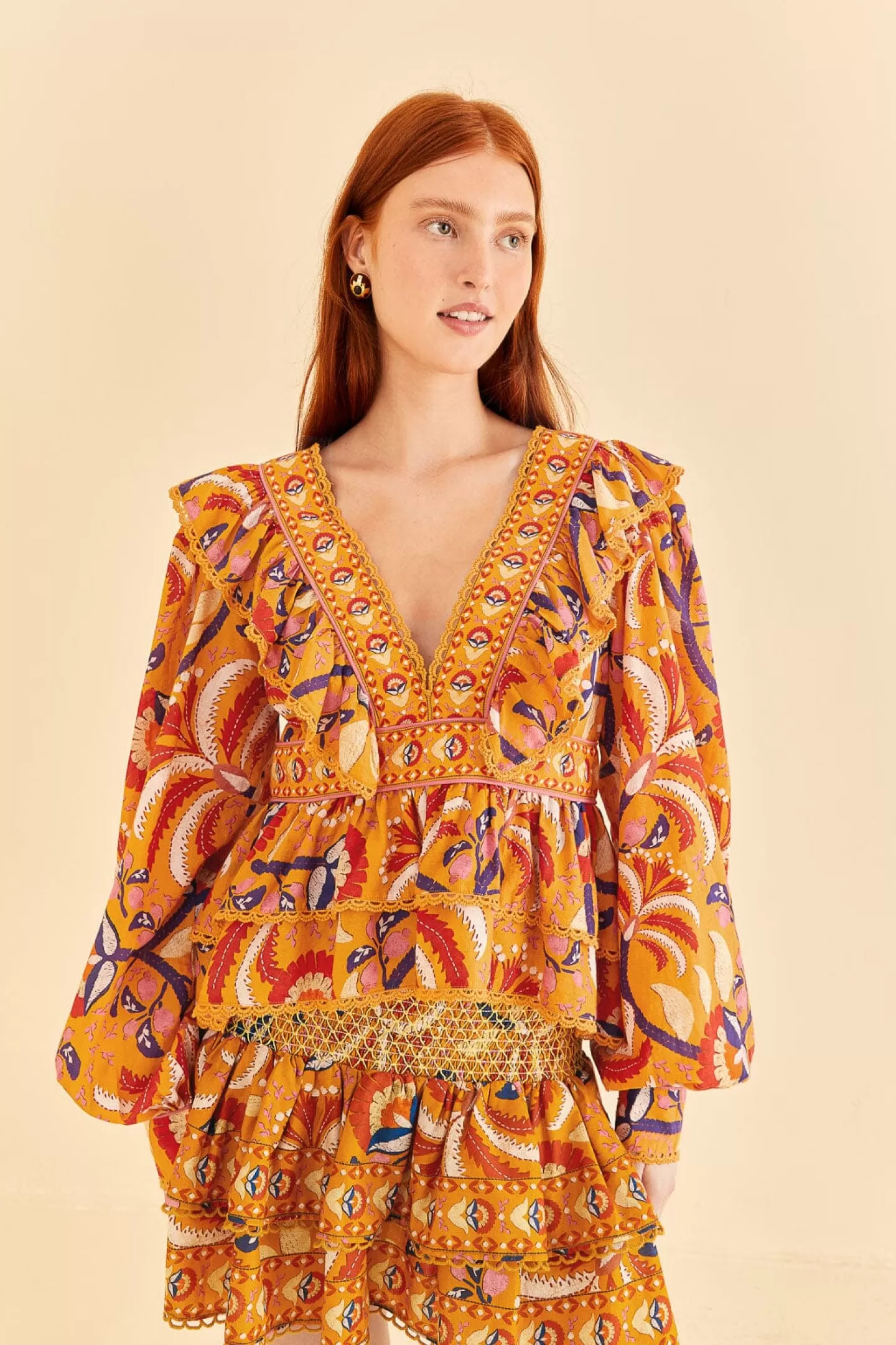 FARM Rio  YELLOW PALMS PARTY RUFFLE BLOUSE