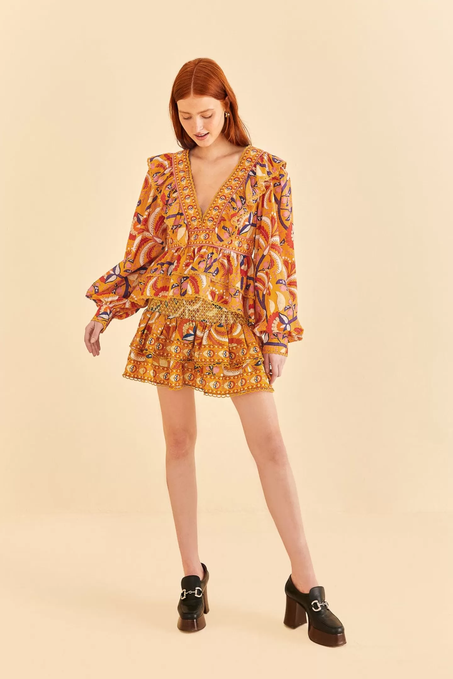 FARM Rio  YELLOW PALMS PARTY RUFFLE BLOUSE