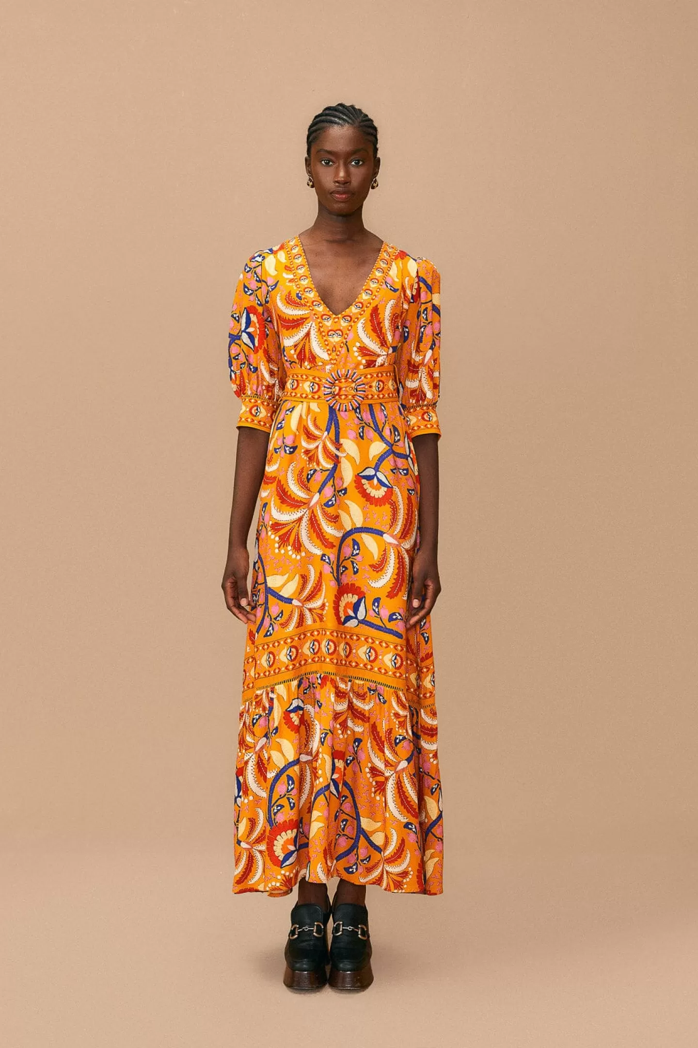 FARM Rio  YELLOW PALMS PARTY SHORT SLEEVE MAXI DRESS