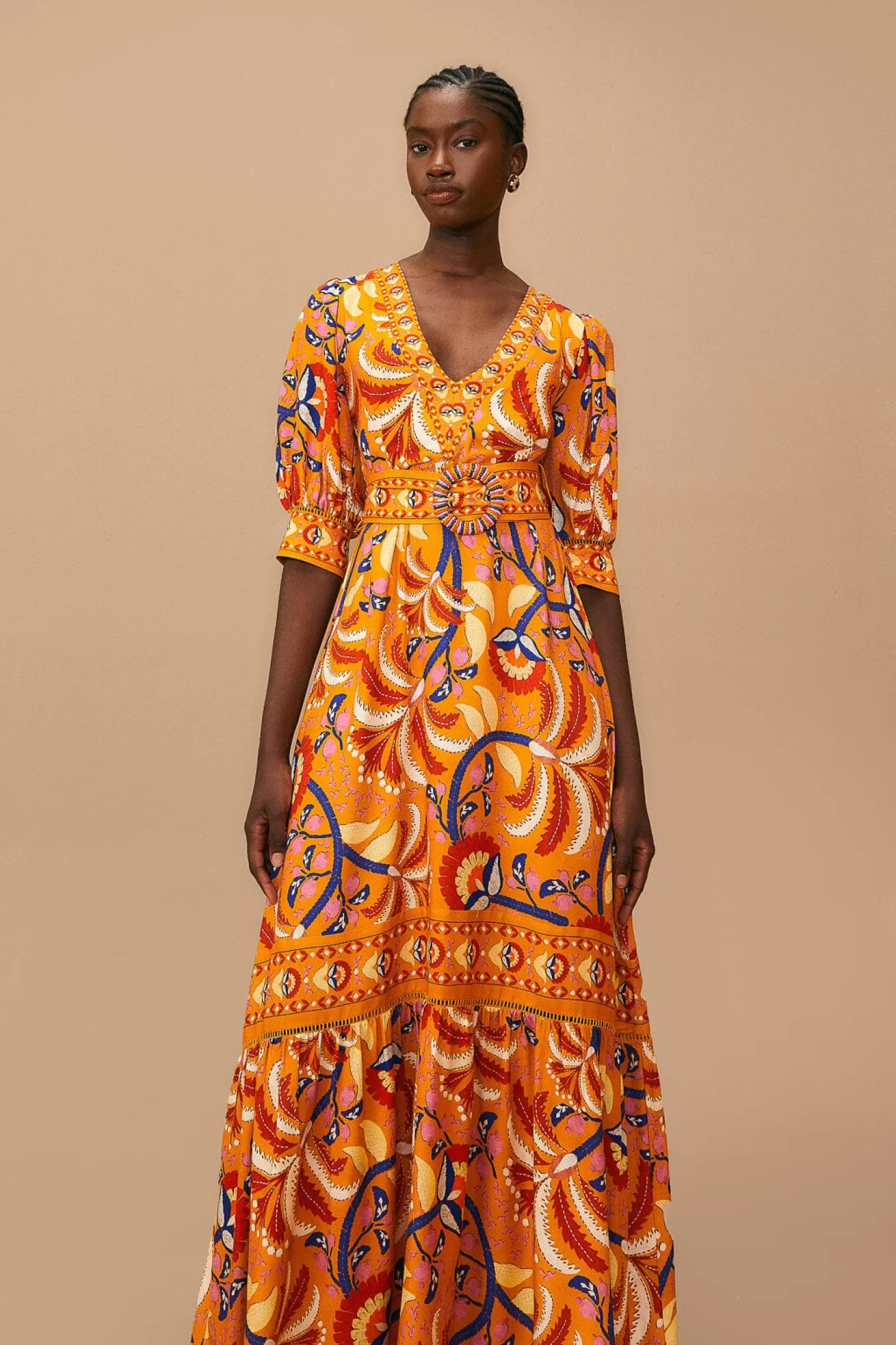 FARM Rio  YELLOW PALMS PARTY SHORT SLEEVE MAXI DRESS